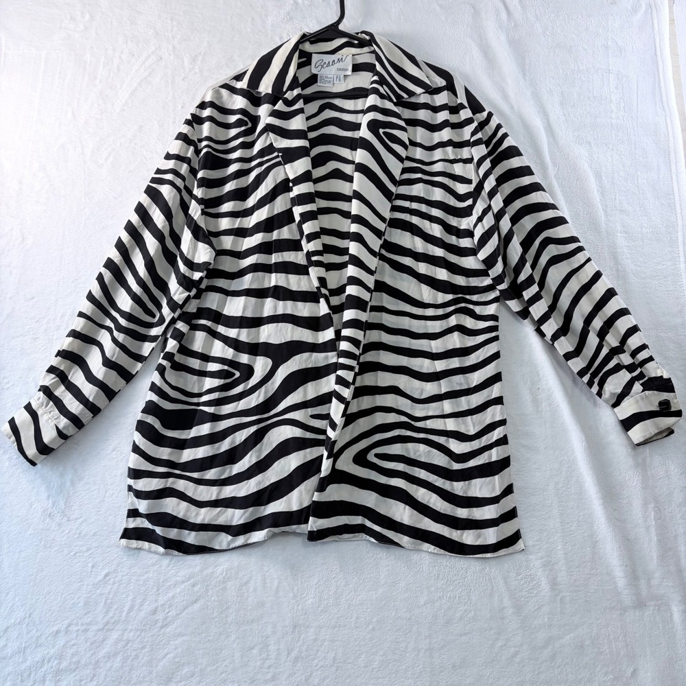 Scaasi‎ Silk Zebra Print Blouse Black White Button Up Long Sleeve Womens S